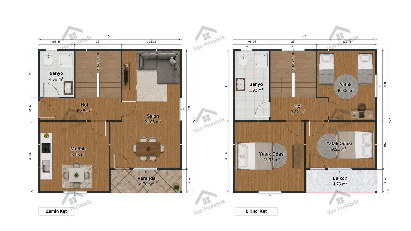 120 m² Dubleks Prefabrik kat planı