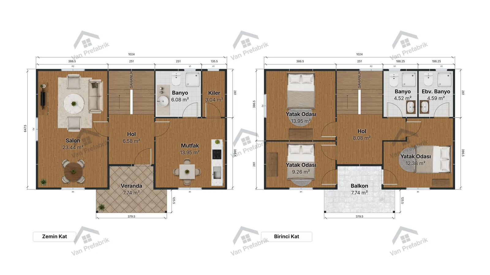 142 m² Dubleks Prefabrik kat planı
