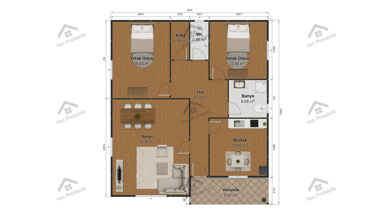 120 m² Tek Katlı Prefabrik kat planı