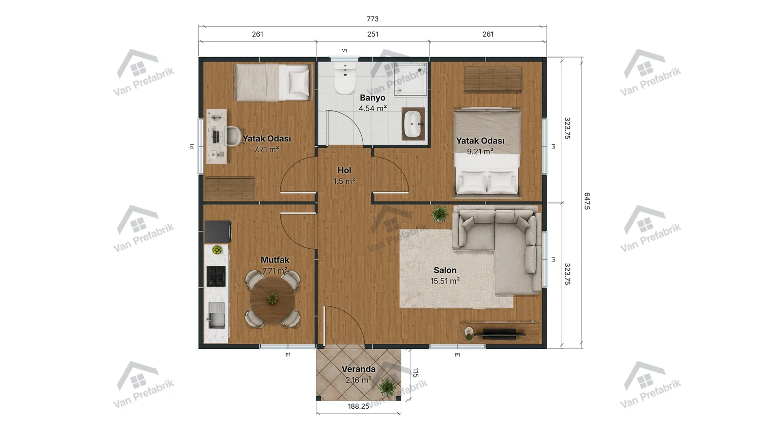 52 m² Tek Katlı Prefabrik kat planı