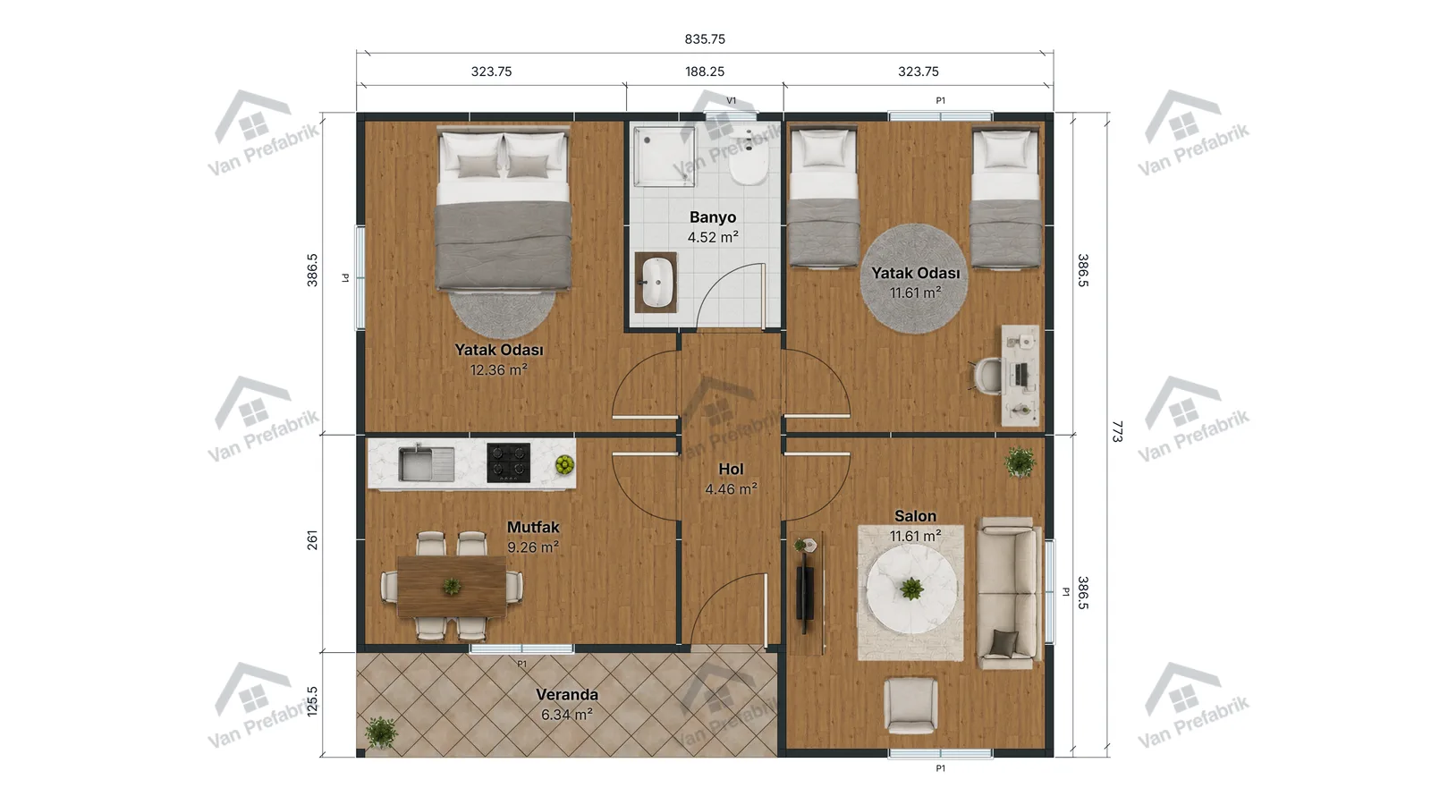 65 m² Tek Katlı Prefabrik kat planı