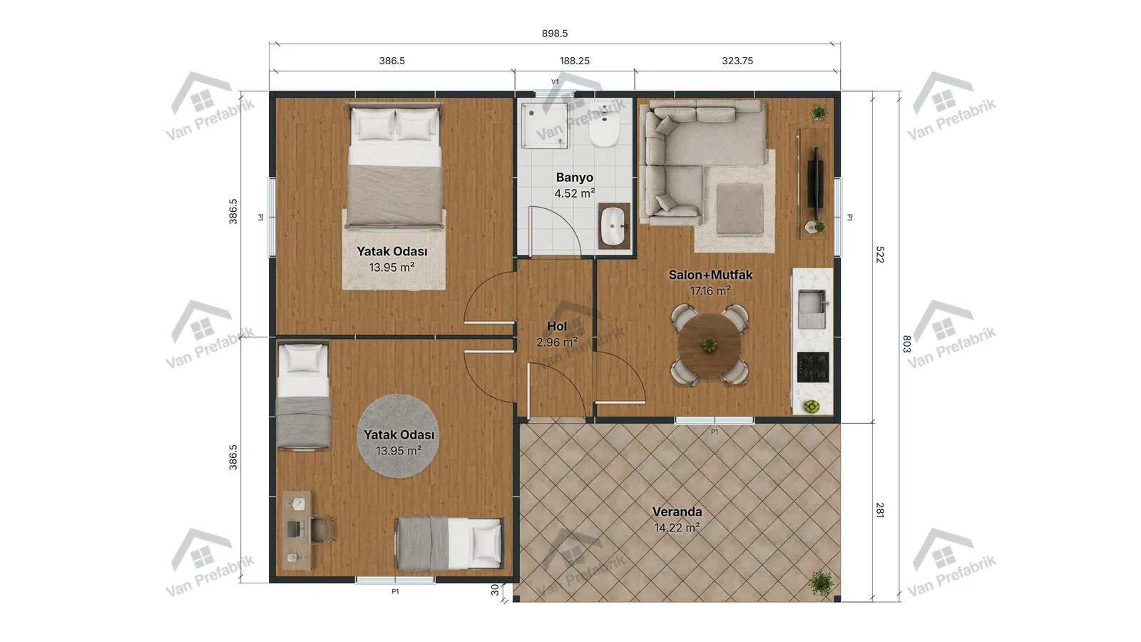 71 m² Tek Katlı Prefabrik kat planı