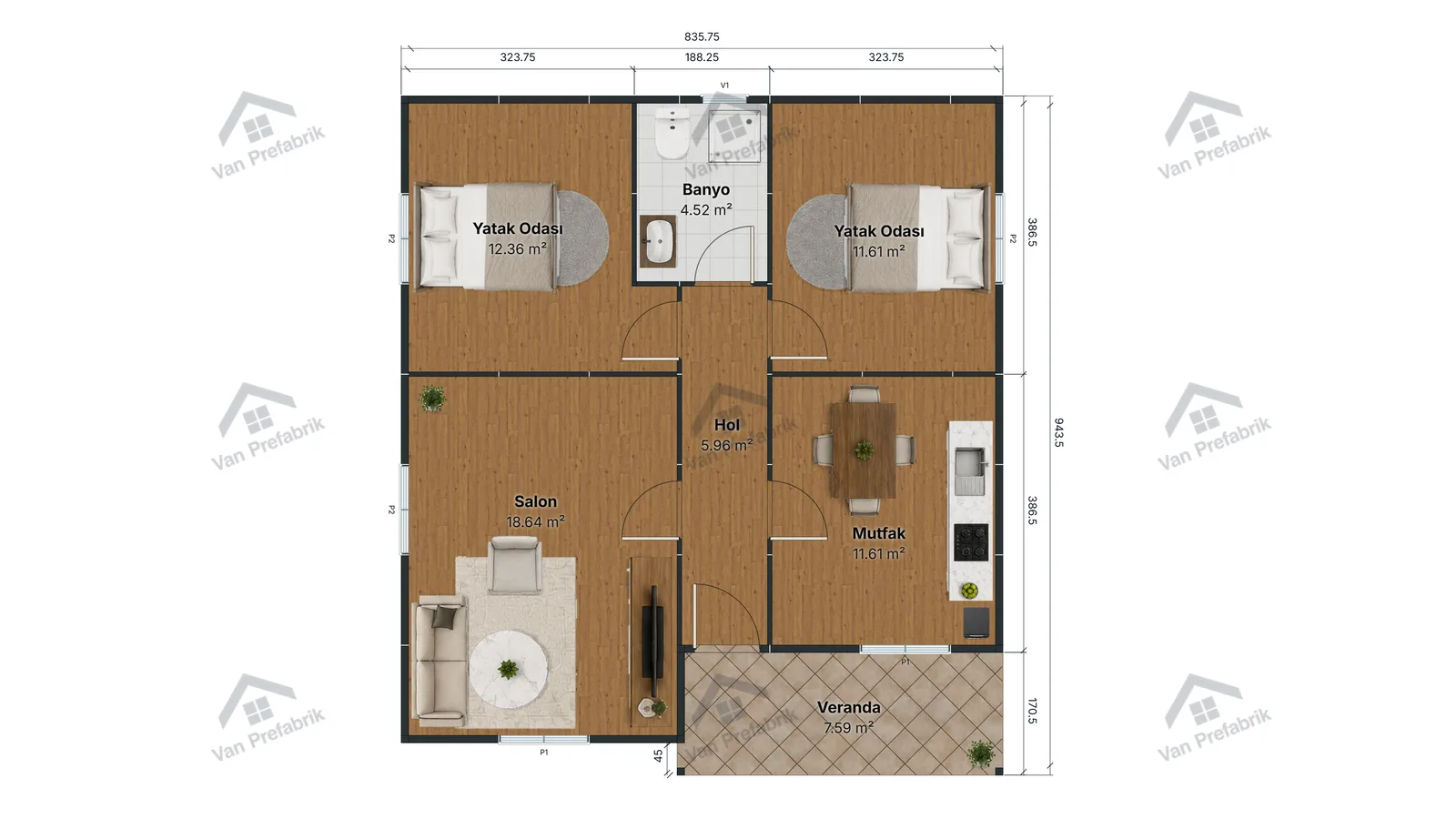 77 m² Tek Katlı Prefabrik kat planı