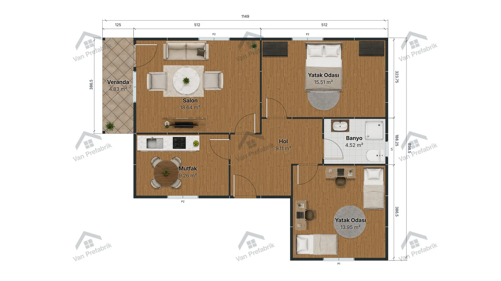 81 m² Tek Katlı Prefabrik kat planı