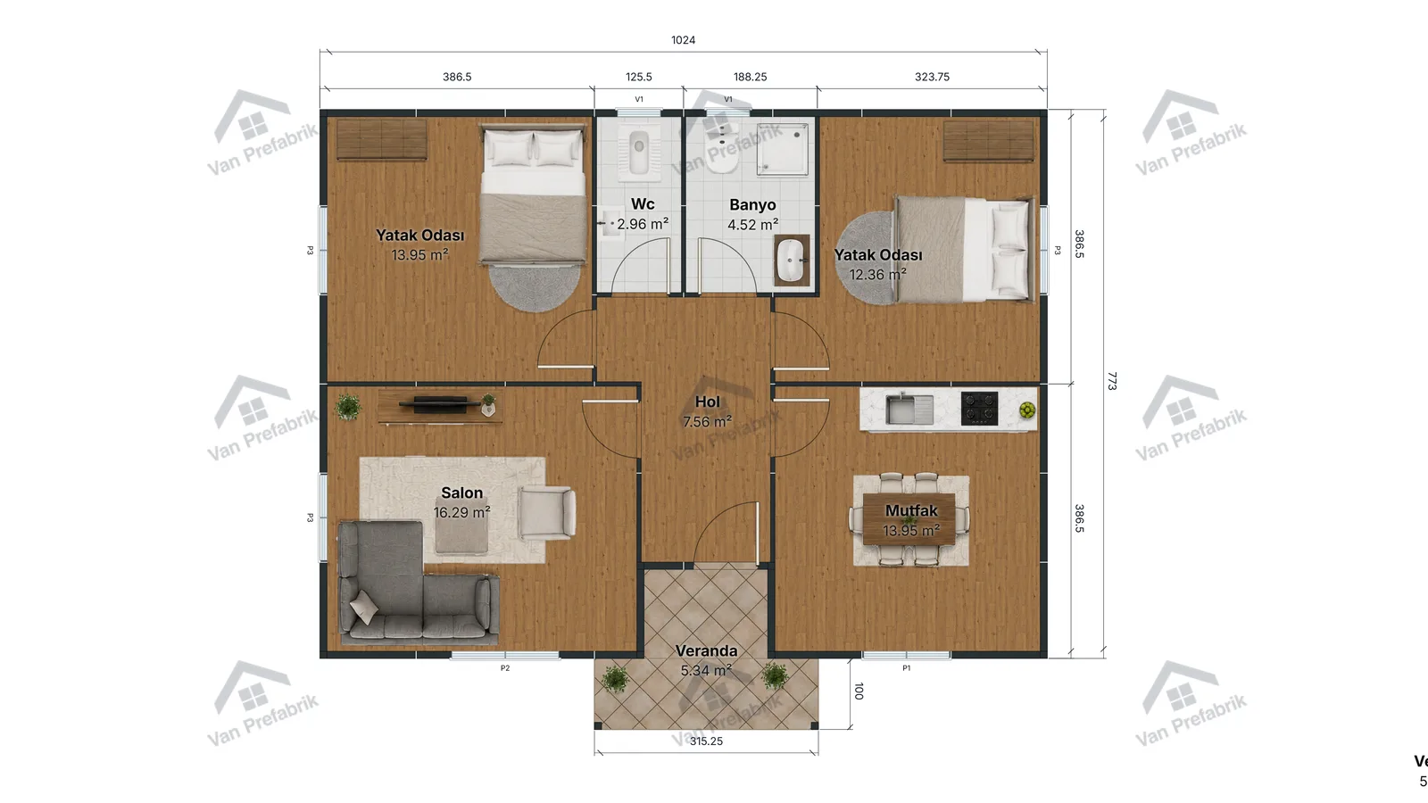 82 m² Tek Katlı Prefabrik kat planı