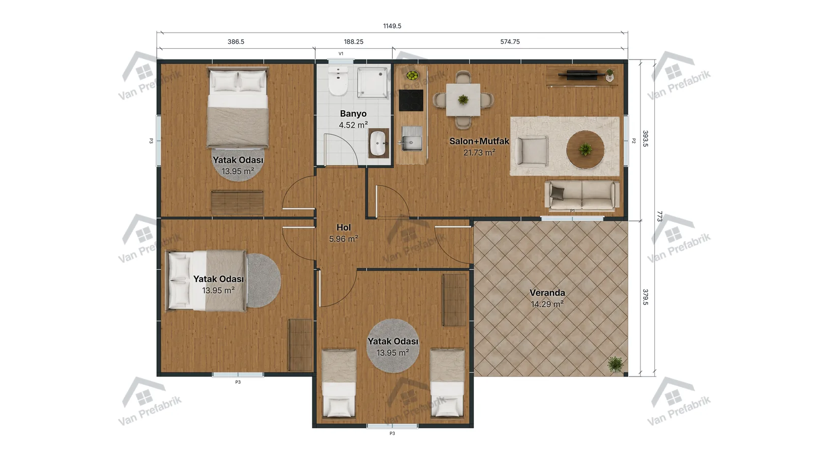 94 m² Tek Katlı Prefabrik kat planı